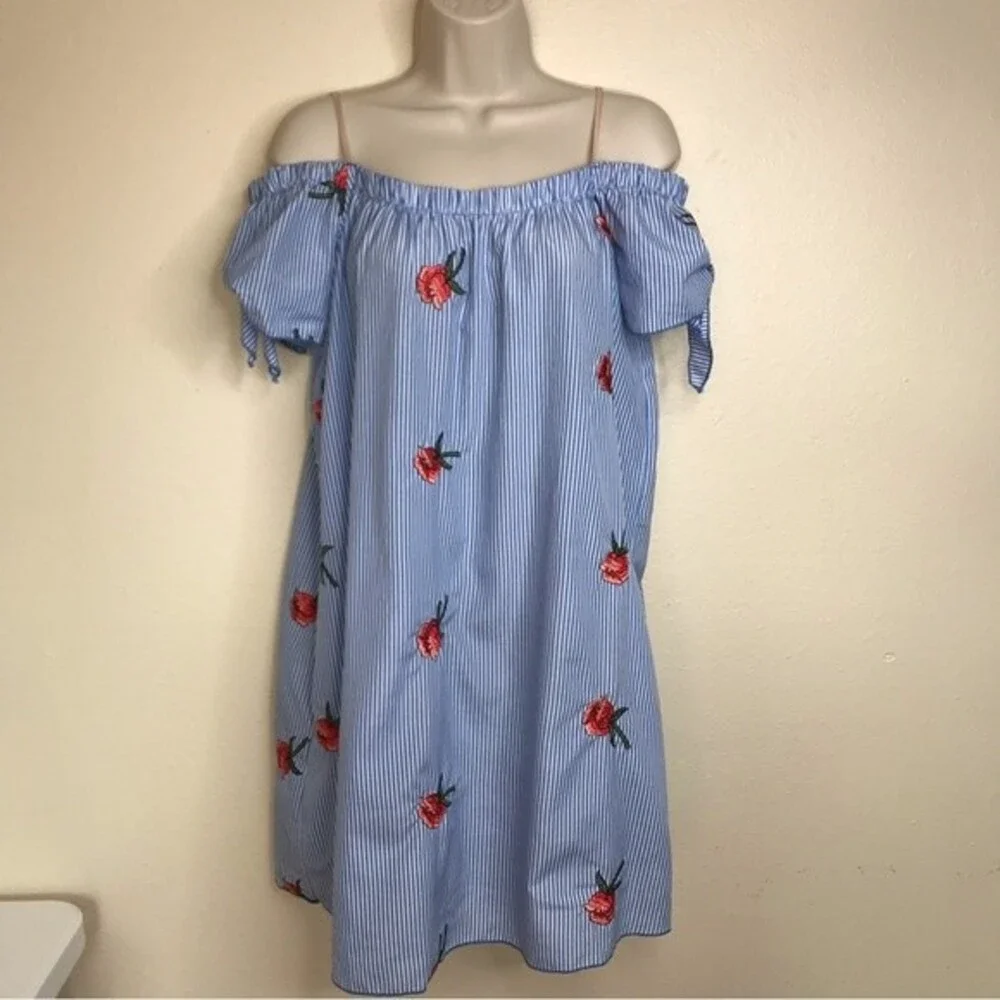 Miley + Molly Off Shoulder Tie Sleeve Blue White Stripe Embroidered Dress Large